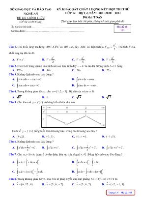 Đề khảo sát chất lượng kết hợp thi thử môn Toán Lớp 12 - Mã đề 101 - Lần 2 - Năm học 2020- 2021 - Sở giáo dục và đào tạo Nghệ An (Có đáp án)